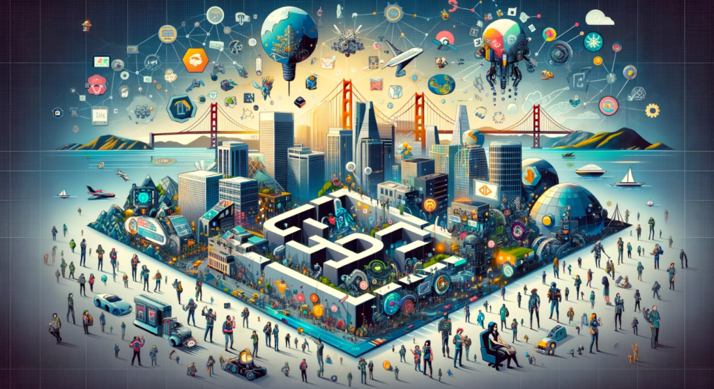 llustration showcasing the essence of Game Developers Conference 2024 with symbols of innovation, resilience, diverse characters, interconnected networks, and mobile gaming against a backdrop hinting at San Francisco