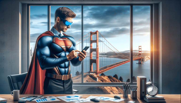Ultra-realistic image depicting a generic superhero game developer with a unique chest design using a mobile phone in an office, with the San Francisco Golden Gate Bridge visible through the window.