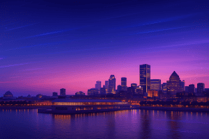 Montréal skyline at dusk with Grand Quay and city lights reflected on the Saint Lawrence River, digital illustration for MIGS25 video game summit