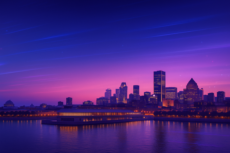 Montréal skyline at dusk with Grand Quay and city lights reflected on the Saint Lawrence River, digital illustration for MIGS25 video game summit