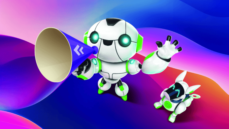 Cartoon robots with a megaphone announcing external game development, symbolizing teamwork and innovation in gaming