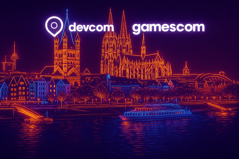 Neon illustration of Cologne, Germany skyline at night with devcom and gamescom logos glowing above the cathedral and Rhine River